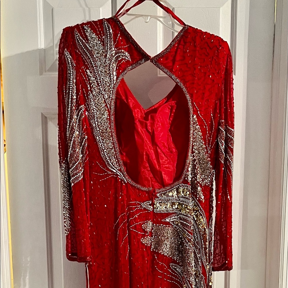 Vintage LINZAS California|Beaded Sequin Silk Gown |Color:Red/Silver | Size:L